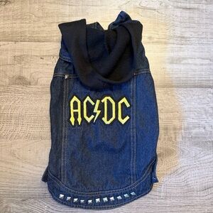 Fatdog AC/DC dog Denim Jacket Black Hoodie studded blue Jean vest rocker SMALL